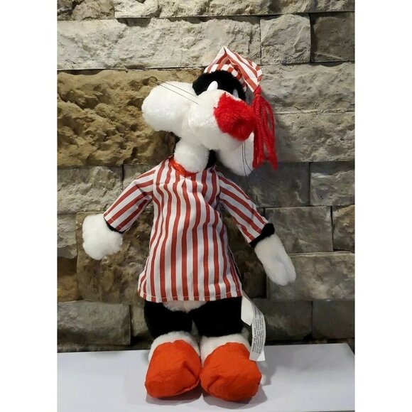 Looney Tunes Warner Bros Sylvester Cat Plush 12" 1997 in Night Shirt Hat slipper - Picture 1 of 9